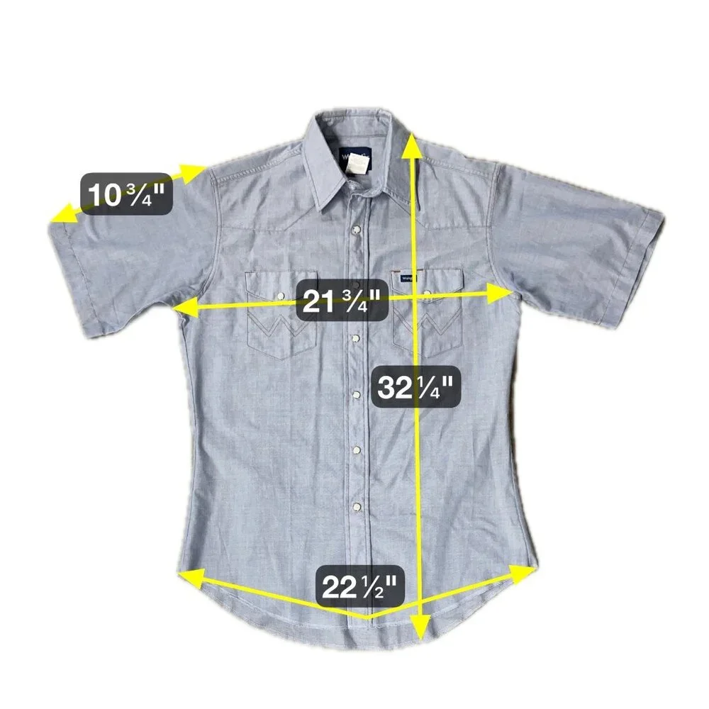 Vintage Western Pearl Snap Shirt Blue Short Sleeve Wrangler Cowboy Retro 15.5 - Picture 7 of 7